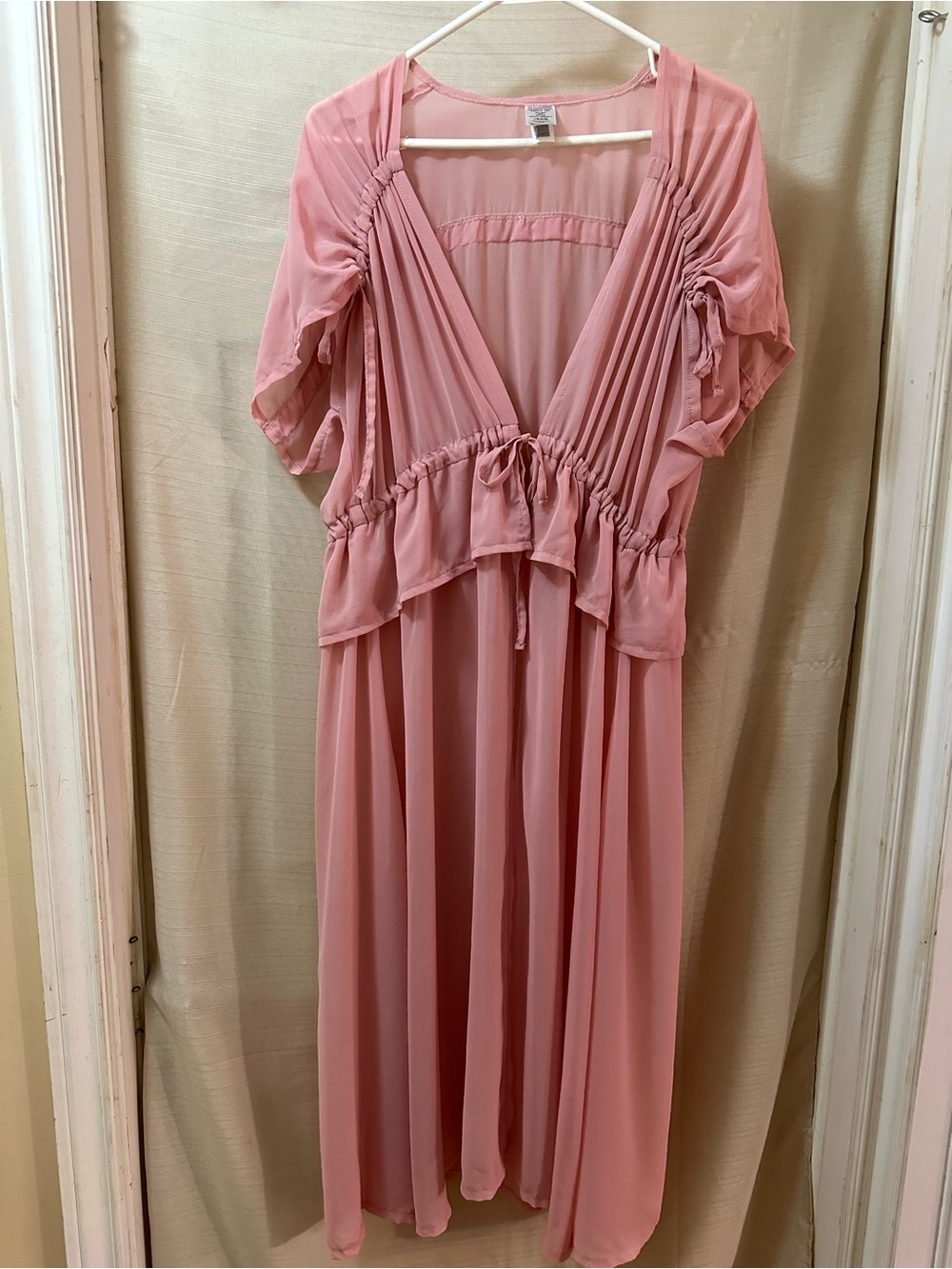 Sheer Pink Open Front Maxi Cover Up Tie Waist Ruched Sleeve Beach Duster
